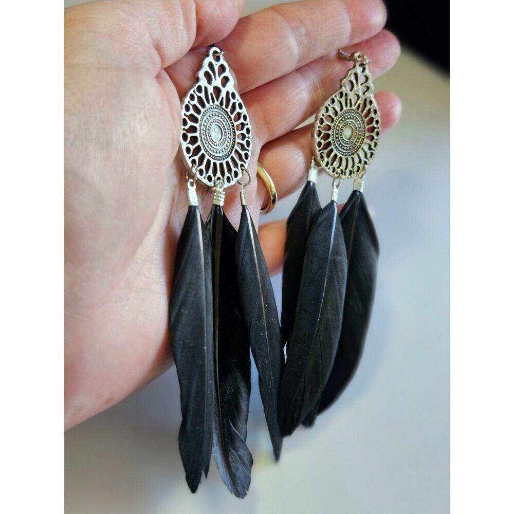 Silver tone black feather statement earrings - Picture 4 of 8